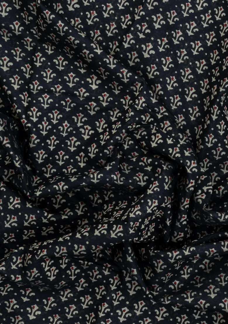 Black Printed Chanderi Cotton Saree With Zari Border For Women - Indya