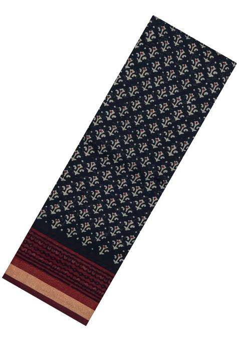 Black Printed Chanderi Cotton Saree With Zari Border For Women