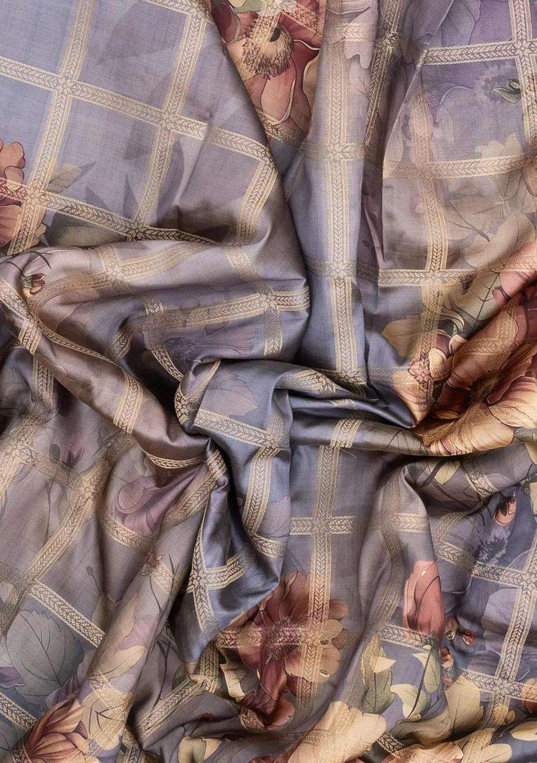 Grey Printed Synthetic Dola Silk Saree With Zari Checks For Women - Indya