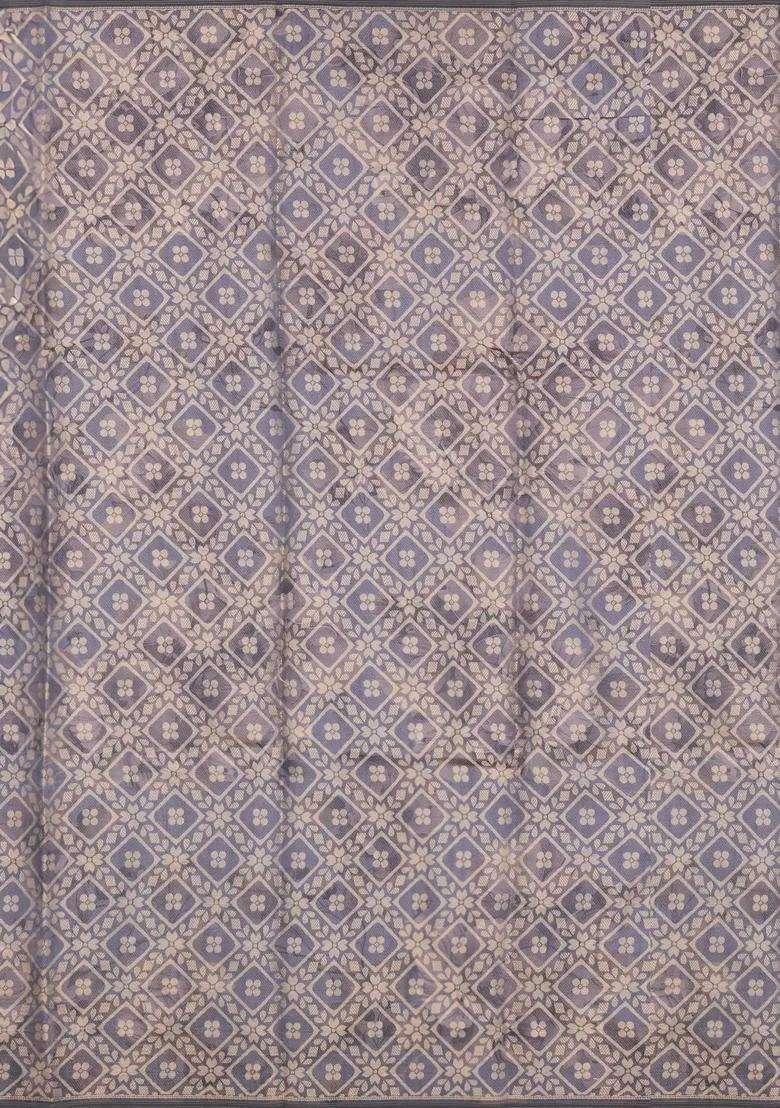 Grey Printed Synthetic Dola Silk Saree With Zari Checks For Women - Indya