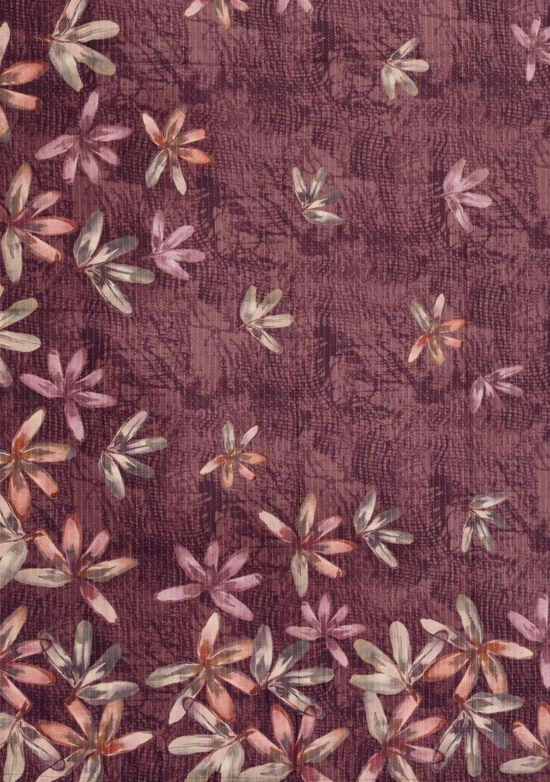 Burgundy Printed Synthetic Dola Silk Tussar Saree With Zari Stripes For Women - Indya