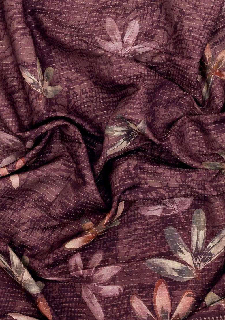 Burgundy Printed Synthetic Dola Silk Tussar Saree With Zari Stripes For Women - Indya