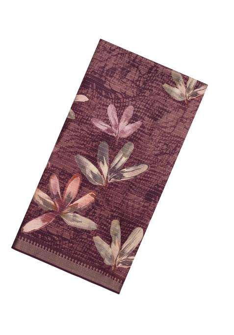 Burgundy Printed Synthetic Dola Silk Tussar Saree With Zari Stripes For Women