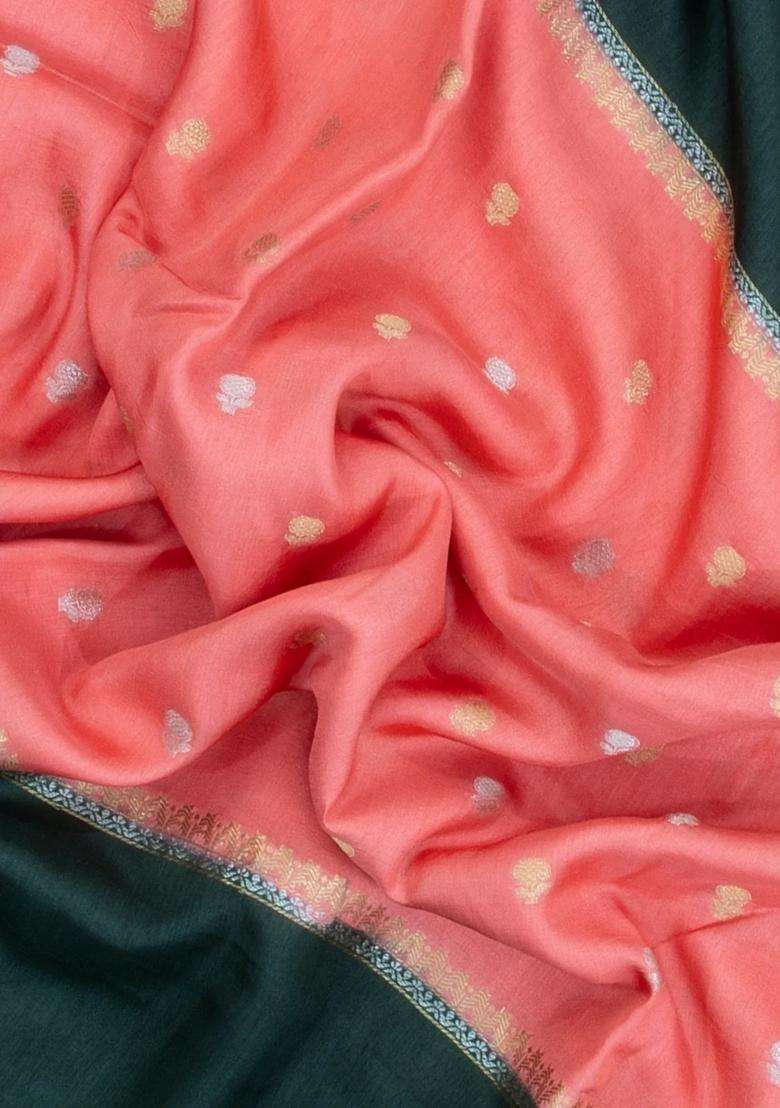 Peach Woven Blended Viscose Art Silk Saree With Zari Buttas Contrast Border With Buttas And Brocade Design For Women - Indya