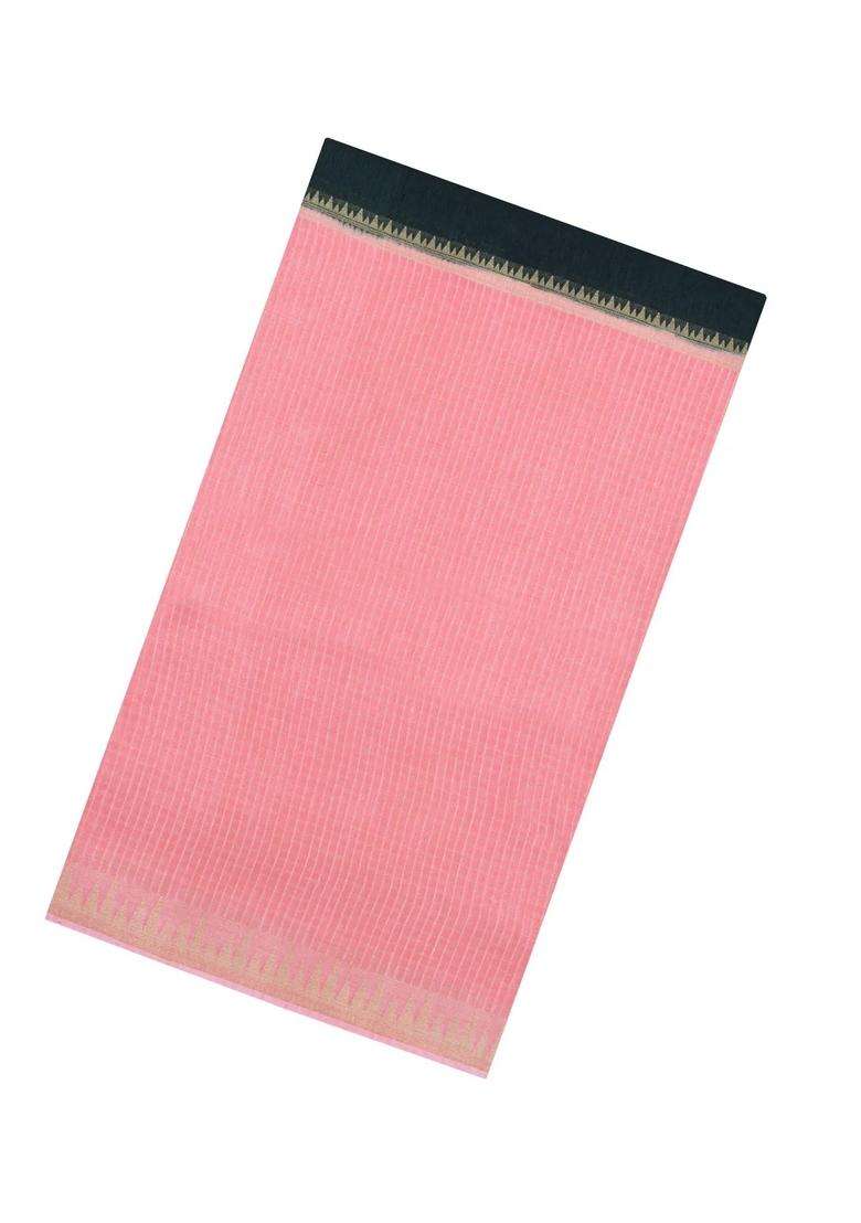 Peach Green Woven Blended Viscose Half Half Art Silk Saree With Checks And Stripes Design For Women - Indya