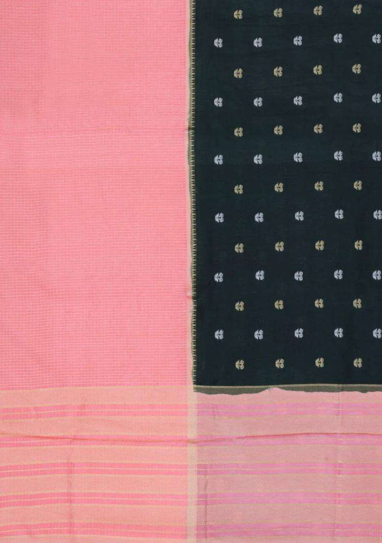 Peach Green Woven Blended Viscose Half Half Art Silk Saree With Checks And Stripes Design For Women - Indya