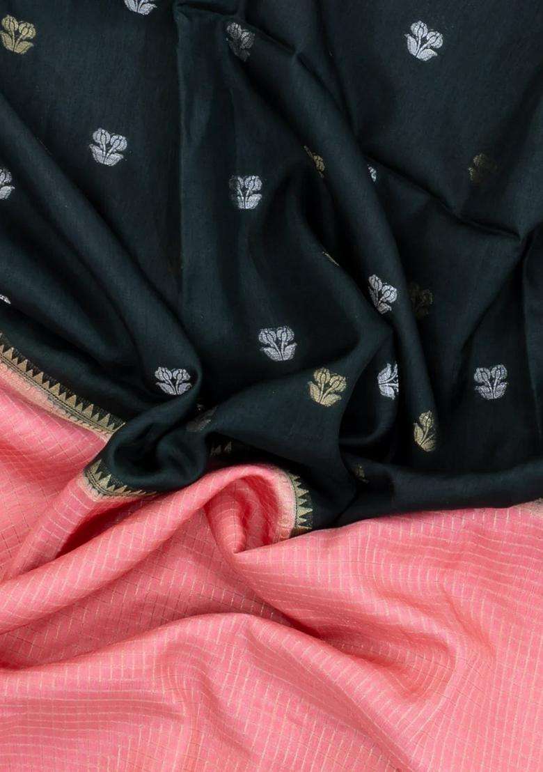 Peach Green Woven Blended Viscose Half Half Art Silk Saree With Checks And Stripes Design For Women - Indya