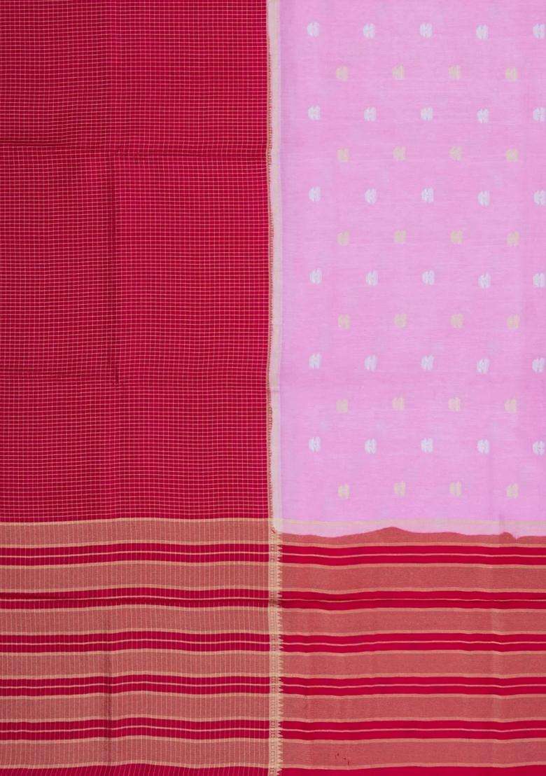 Lavander Lavender Crimson Woven Blended Viscose Half Half Art Silk Saree With Checks And Stripes Design For Women - Indya