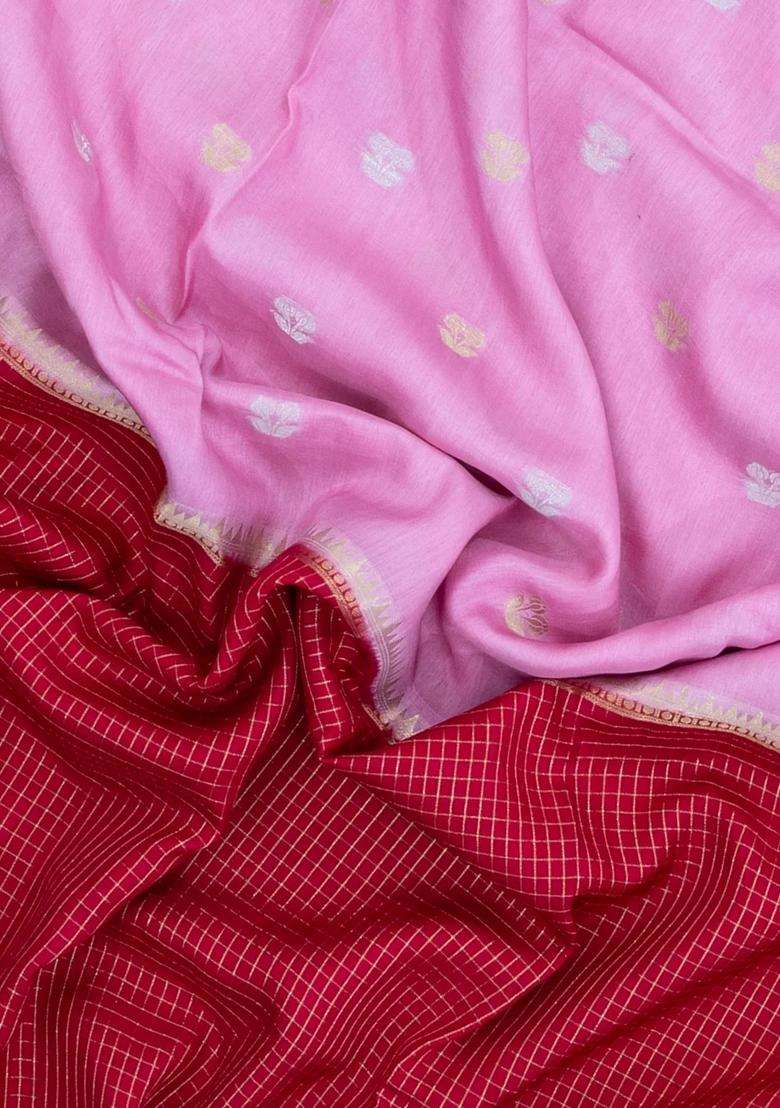 Lavander Lavender Crimson Woven Blended Viscose Half Half Art Silk Saree With Checks And Stripes Design For Women - Indya