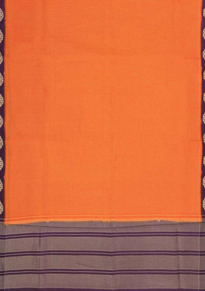 Orange Woven Blended Viscose Art Silk Saree With Zari Checks Contrast Border With Checks And Stripes Design For Women - Indya
