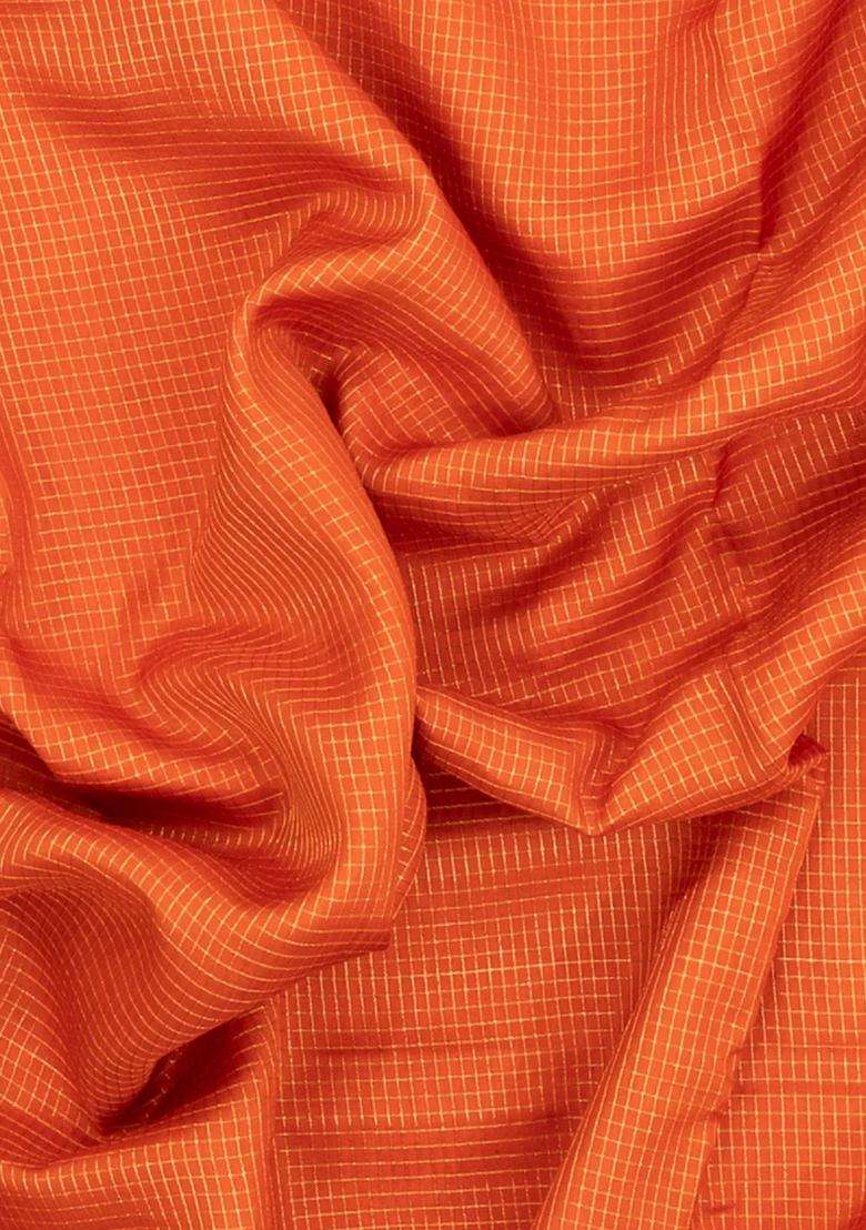 Orange Woven Blended Viscose Art Silk Saree With Zari Checks Contrast Border With Checks And Stripes Design For Women - Indya