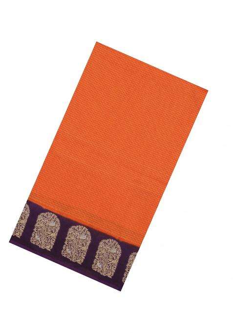 Orange Woven Blended Viscose Art Silk Saree With Zari Checks Contrast Border With Checks And Stripes Design For Women