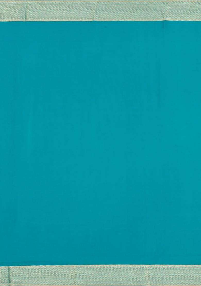 Cyan Woven Mysore Silk Crepe Saree With Floral Jaal Motifs With Buttas And Brocade Design For Women - Indya
