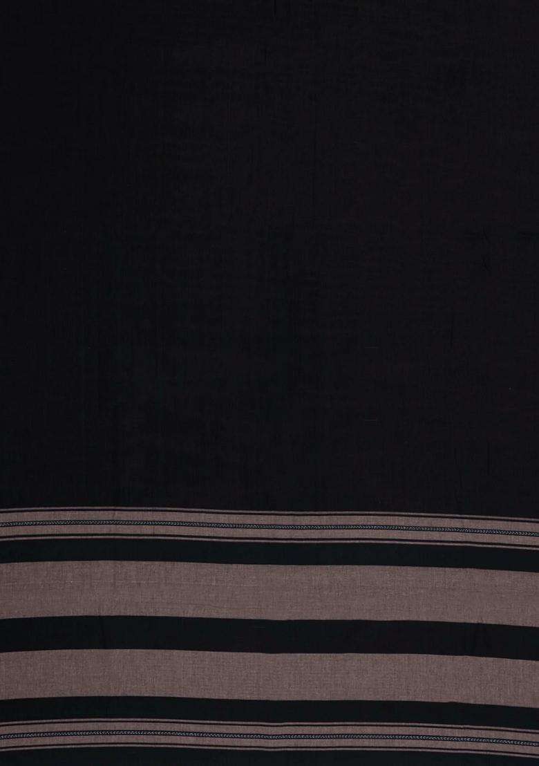 Black Woven Bengal Cotton Saree With Contrast Border With Traditional Woven Design For Women - Indya