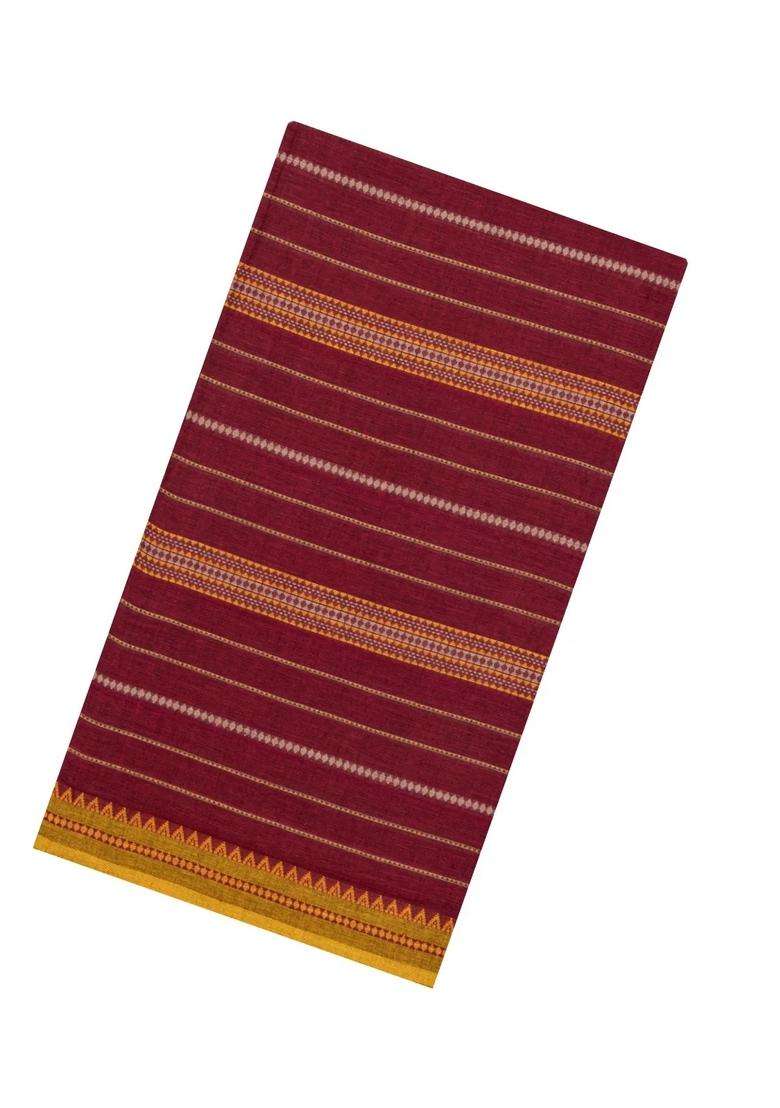 Crimson Woven Bengal Cotton Saree With Stripes Contrast Border With Checks And Stripes Design For Women - Indya