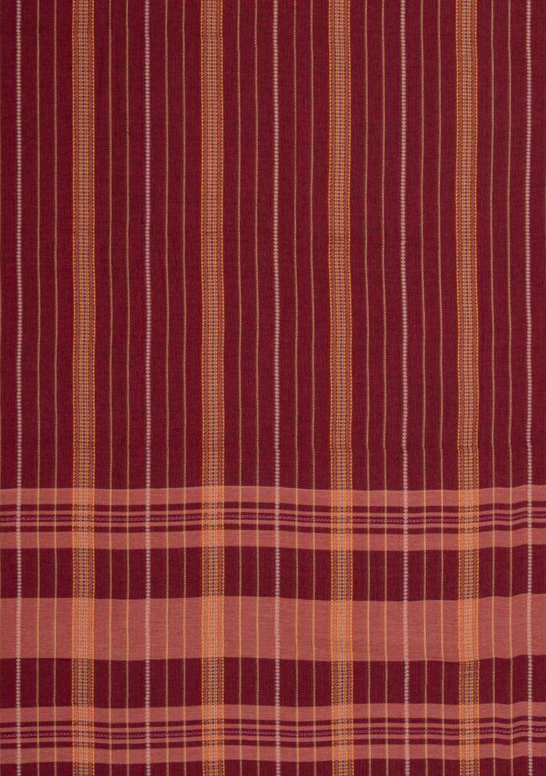 Crimson Woven Bengal Cotton Saree With Stripes Contrast Border With Checks And Stripes Design For Women - Indya