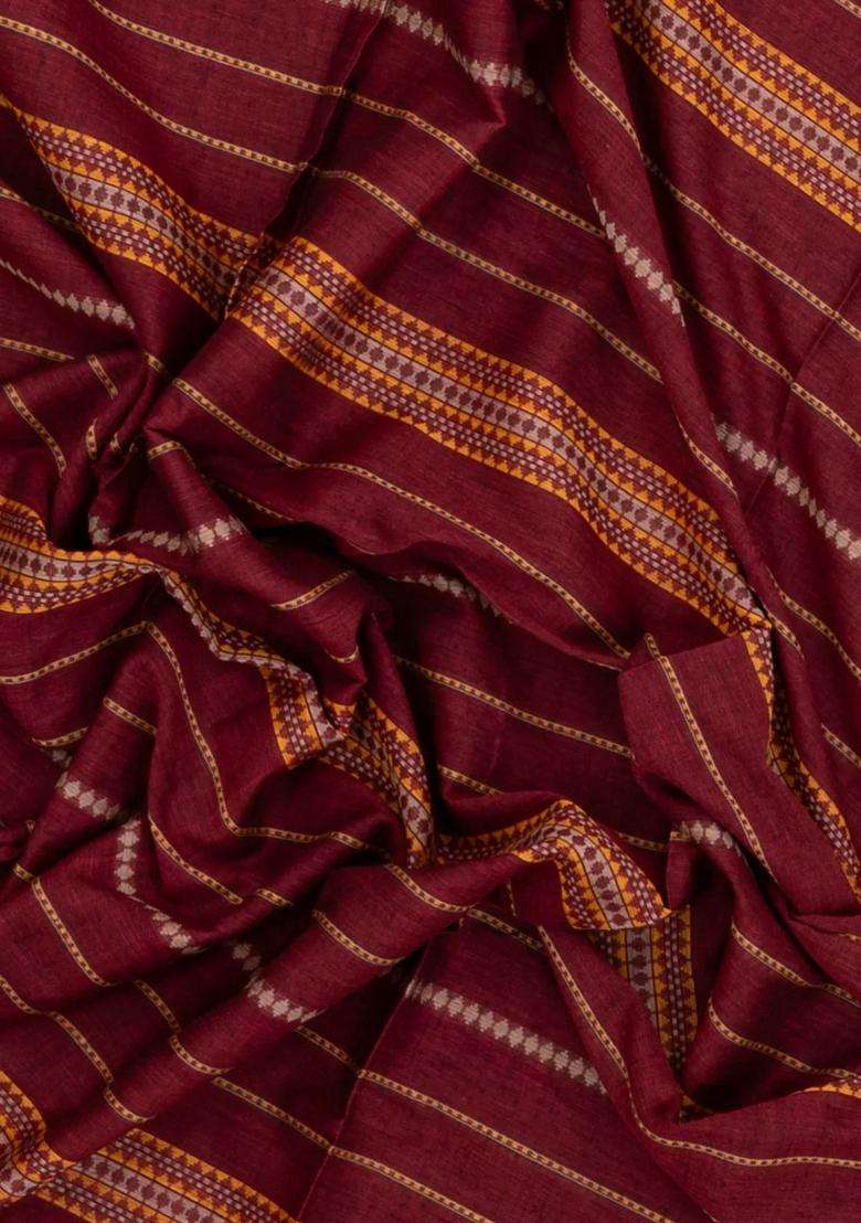 Crimson Woven Bengal Cotton Saree With Stripes Contrast Border With Checks And Stripes Design For Women - Indya