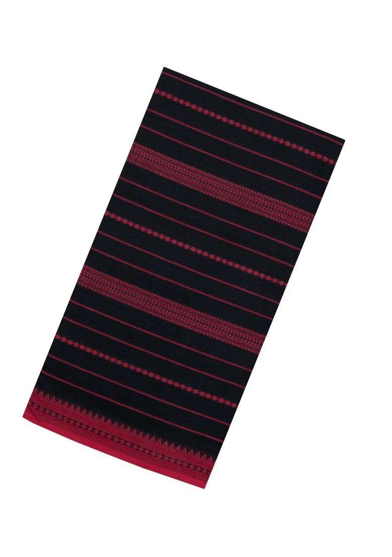 Black Woven Bengal Cotton Saree With Stripes Contrast Border With Checks And Stripes Design For Women - Indya