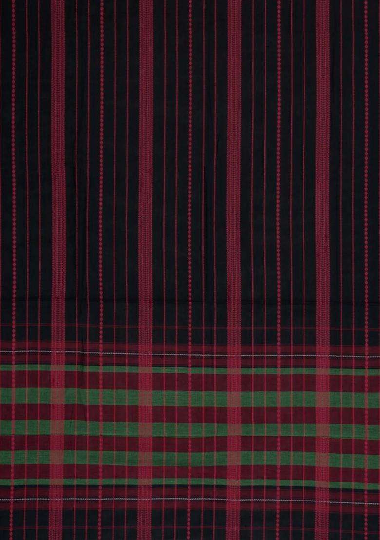 Black Woven Bengal Cotton Saree With Stripes Contrast Border With Checks And Stripes Design For Women - Indya