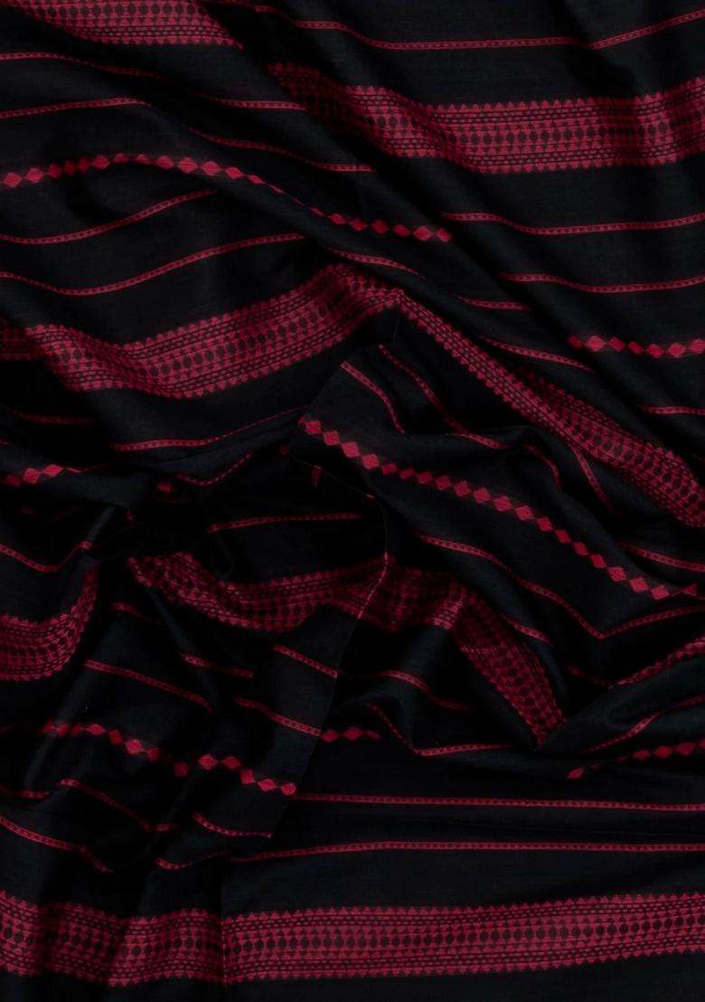 Black Woven Bengal Cotton Saree With Stripes Contrast Border With Checks And Stripes Design For Women - Indya