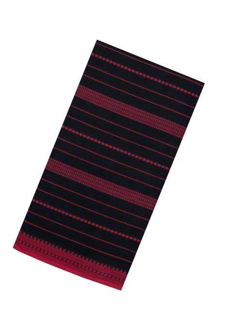 Black Woven Bengal Cotton Saree With Stripes Contrast Border With Checks And Stripes Design For Women