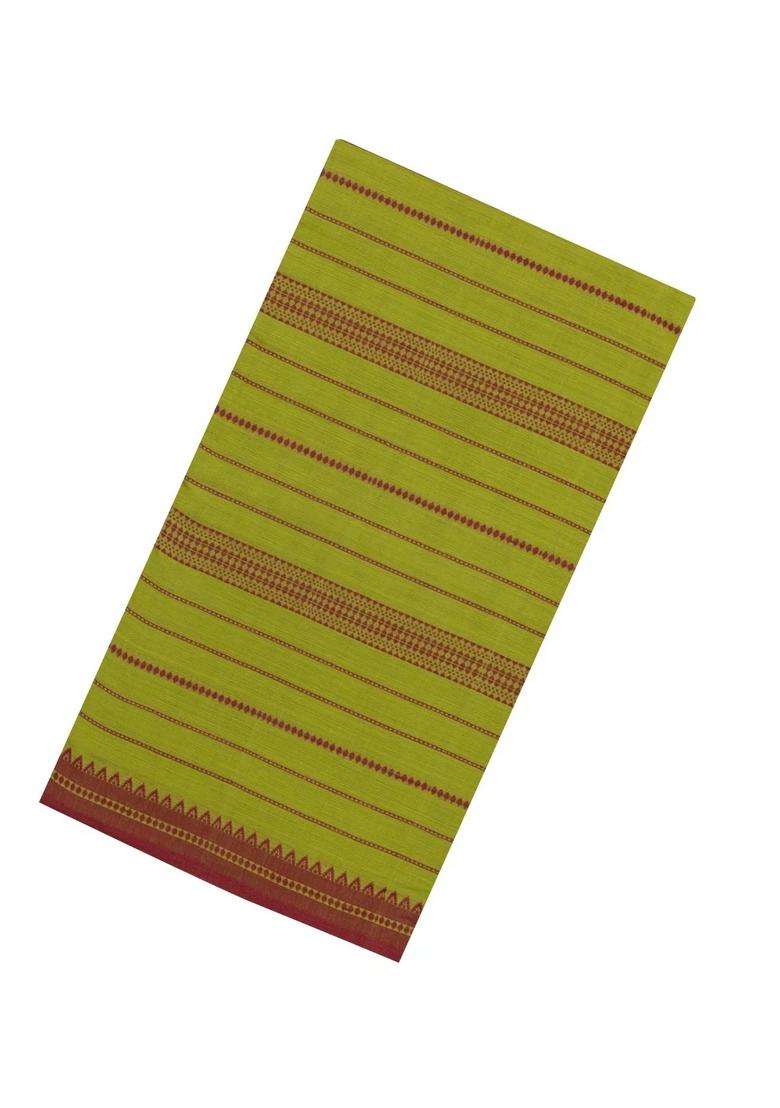 Light Green Woven Bengal Cotton Saree With Stripes Contrast Border With Checks And Stripes Design For Women - Indya