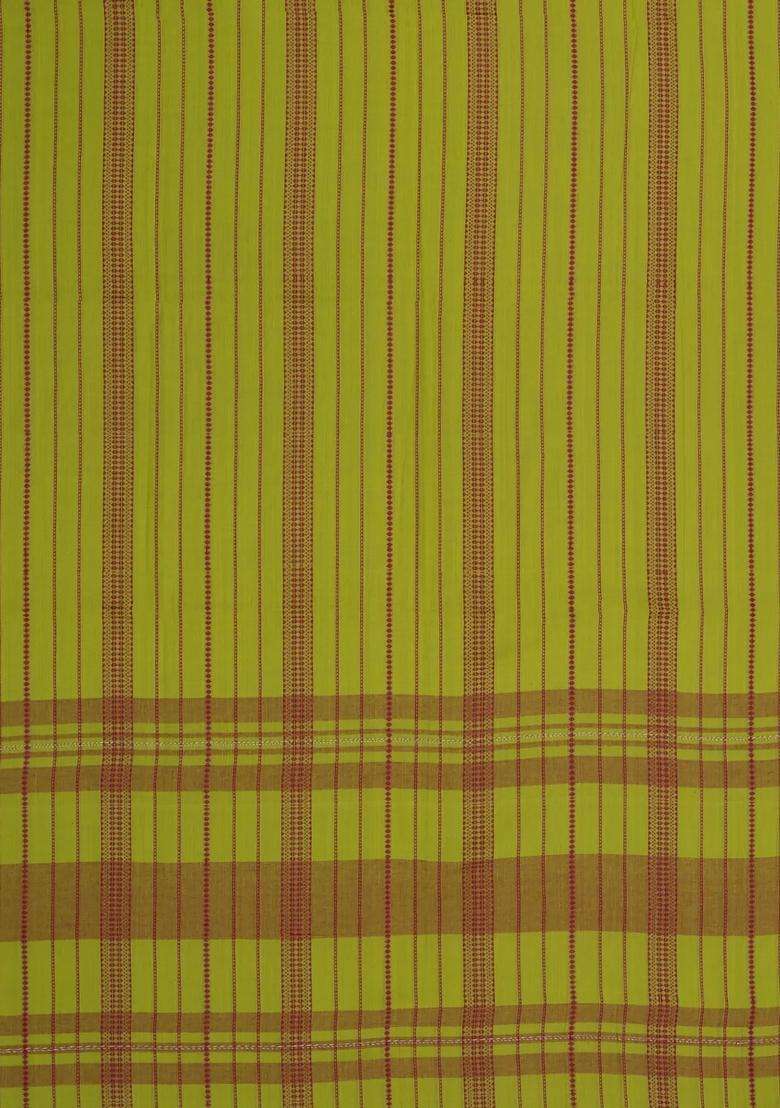 Light Green Woven Bengal Cotton Saree With Stripes Contrast Border With Checks And Stripes Design For Women - Indya
