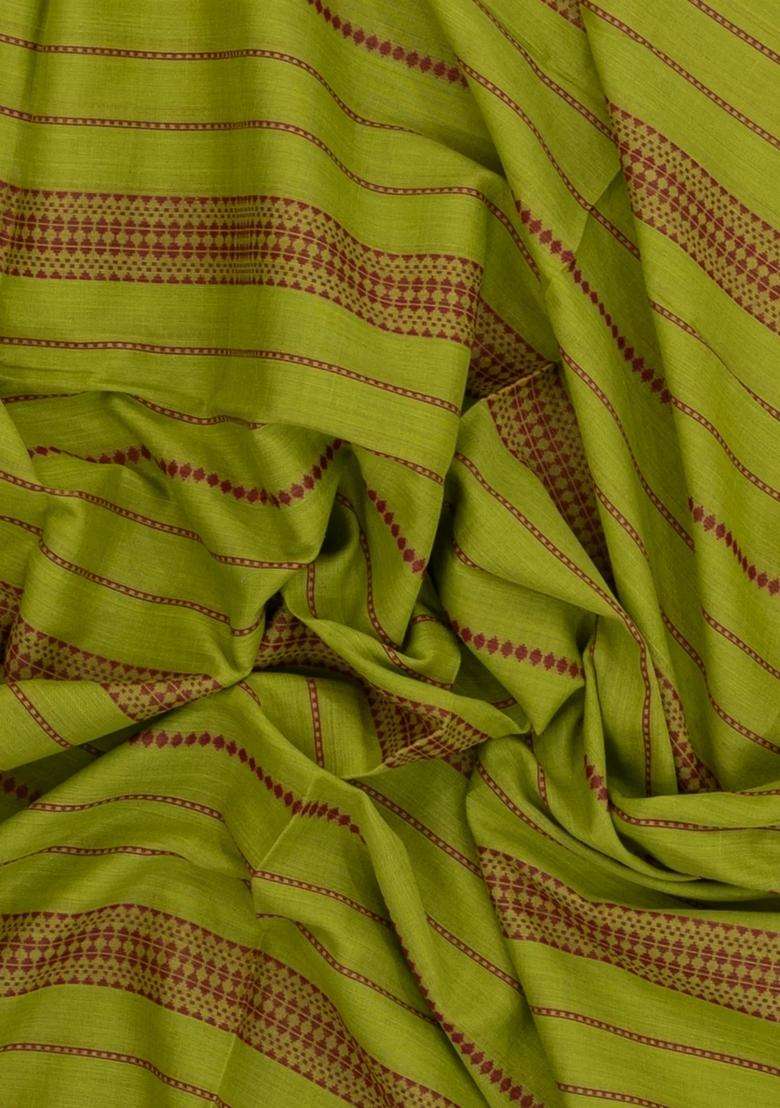 Light Green Woven Bengal Cotton Saree With Stripes Contrast Border With Checks And Stripes Design For Women - Indya