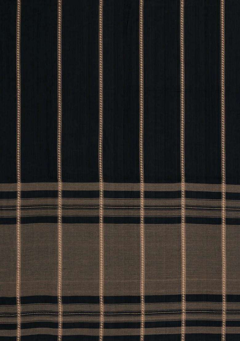 Black Woven Bengal Cotton Saree With Stripes Contrast Pallu With Checks And Stripes Design For Women - Indya