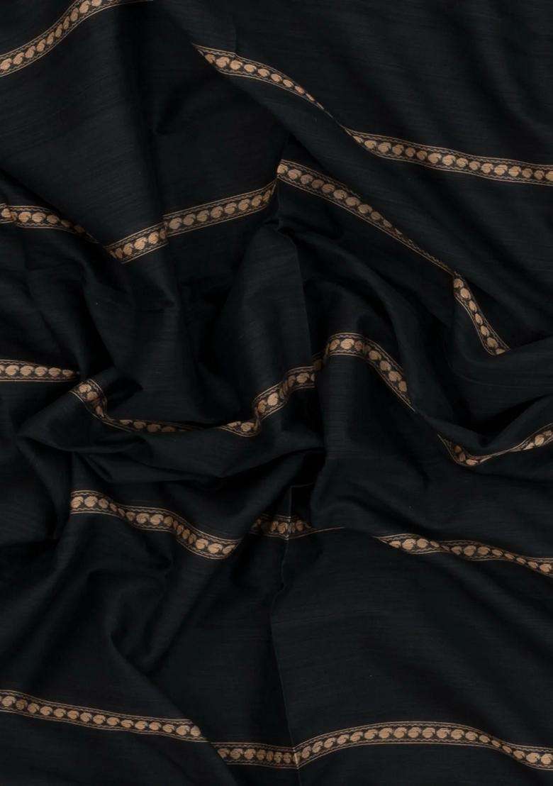 Black Woven Bengal Cotton Saree With Stripes Contrast Pallu With Checks And Stripes Design For Women - Indya