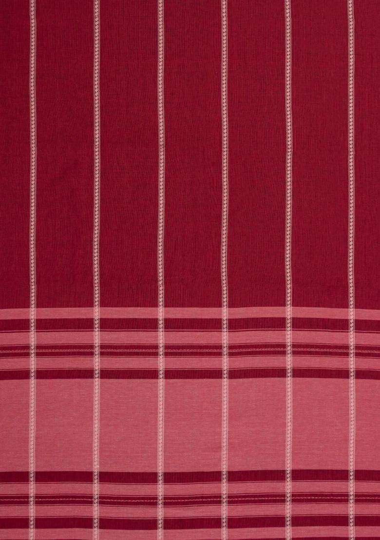 Crimson Woven Bengal Cotton Saree With Stripes Contrast Pallu With Checks And Stripes Design For Women - Indya