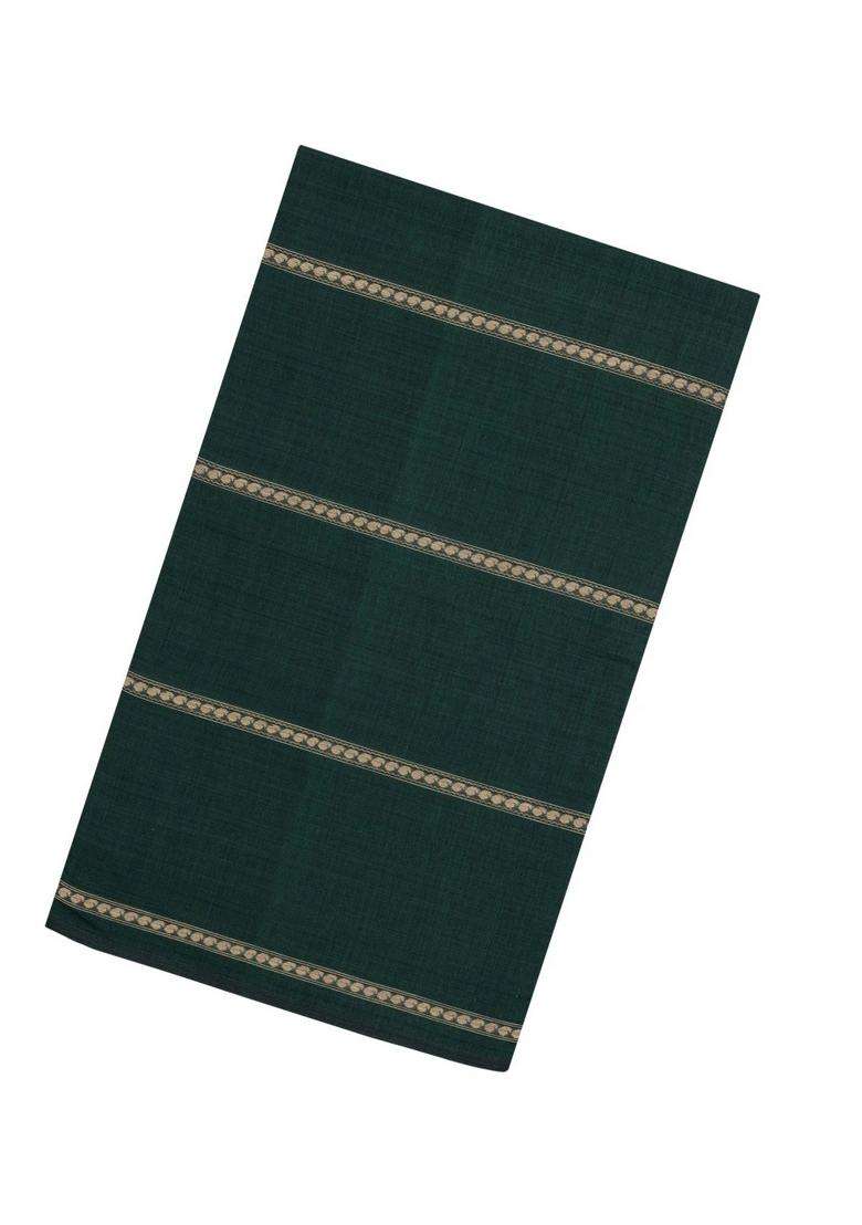Bottle Green Woven Bengal Cotton Saree With Stripes Contrast Pallu With Checks And Stripes Design For Women - Indya