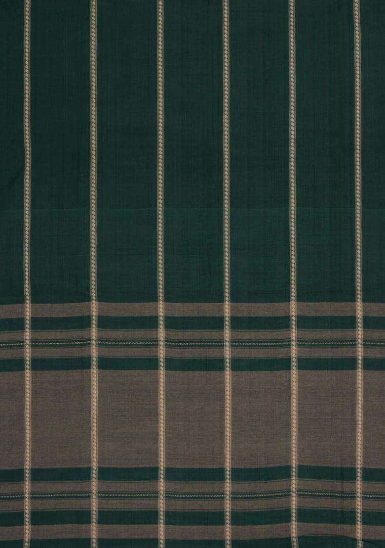 Bottle Green Woven Bengal Cotton Saree With Stripes Contrast Pallu With Checks And Stripes Design For Women - Indya