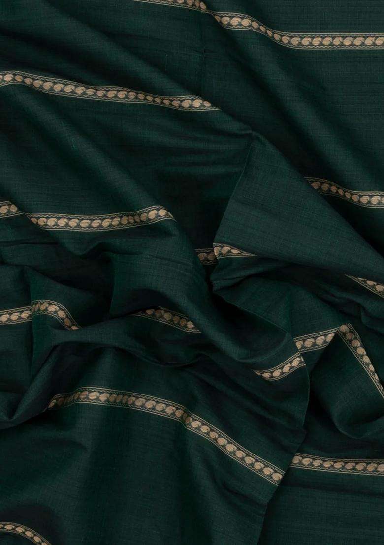 Bottle Green Woven Bengal Cotton Saree With Stripes Contrast Pallu With Checks And Stripes Design For Women - Indya