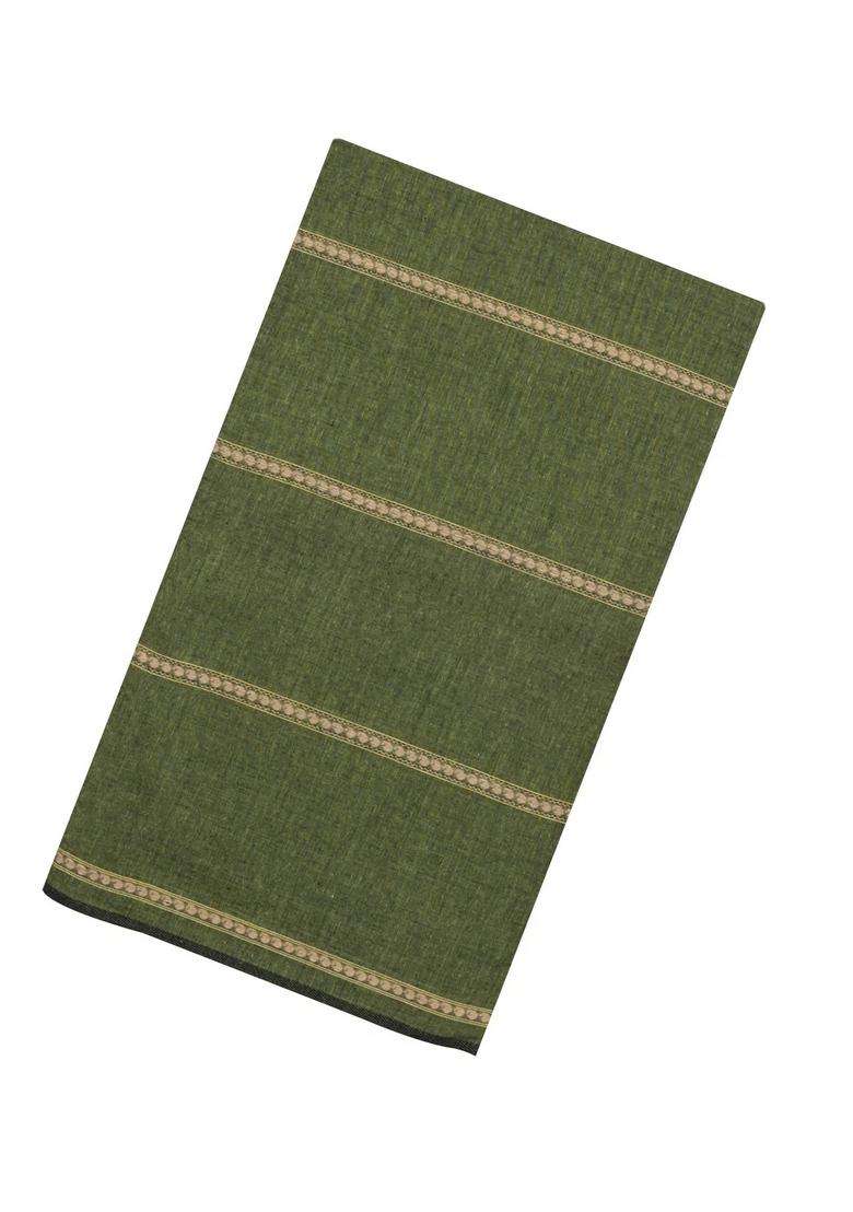 Sage Green Woven Bengal Cotton Saree With Stripes Contrast Pallu With Checks And Stripes Design For Women - Indya
