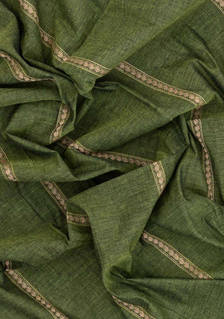 Sage Green Woven Bengal Cotton Saree With Stripes Contrast Pallu With Checks And Stripes Design For Women - Indya