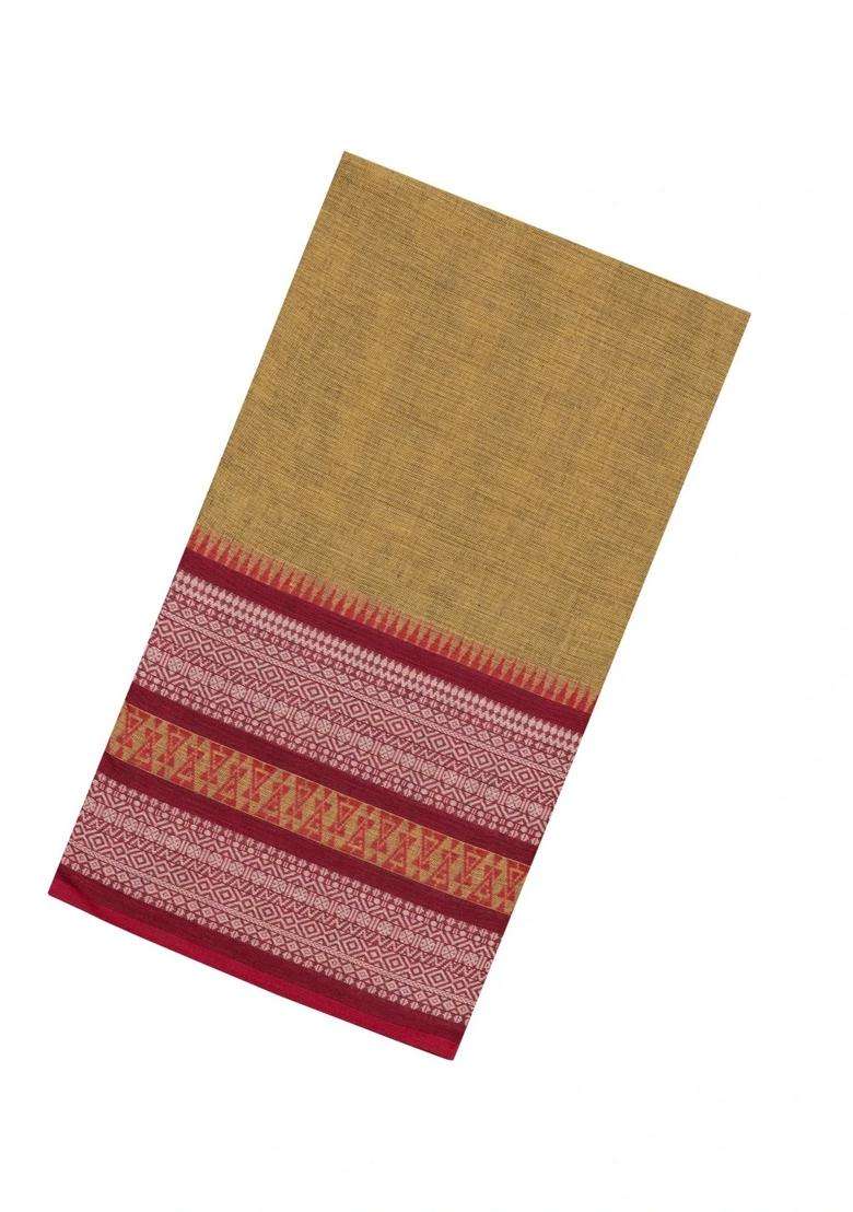 Beige Woven Bengal Cotton Saree With Contrast Border With Traditional Woven Design For Women - Indya