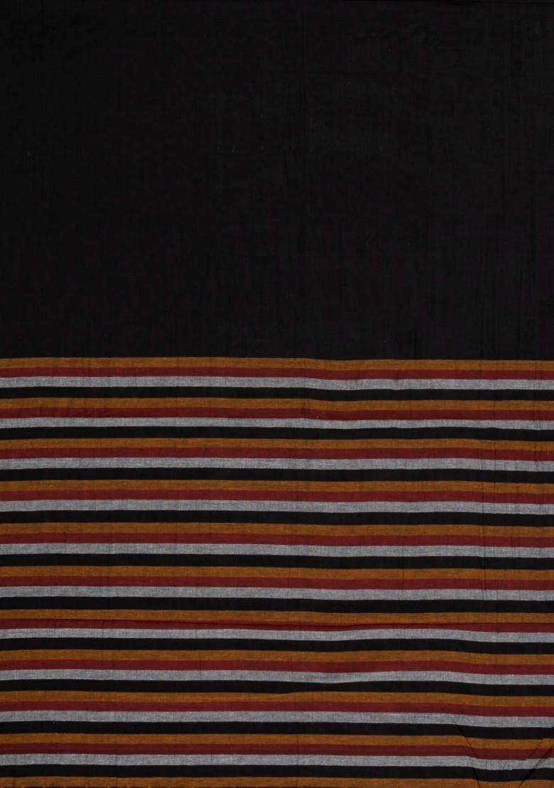 Black Woven Bengal Cotton Saree With Floral Border With Traditional Woven Design For Women - Indya