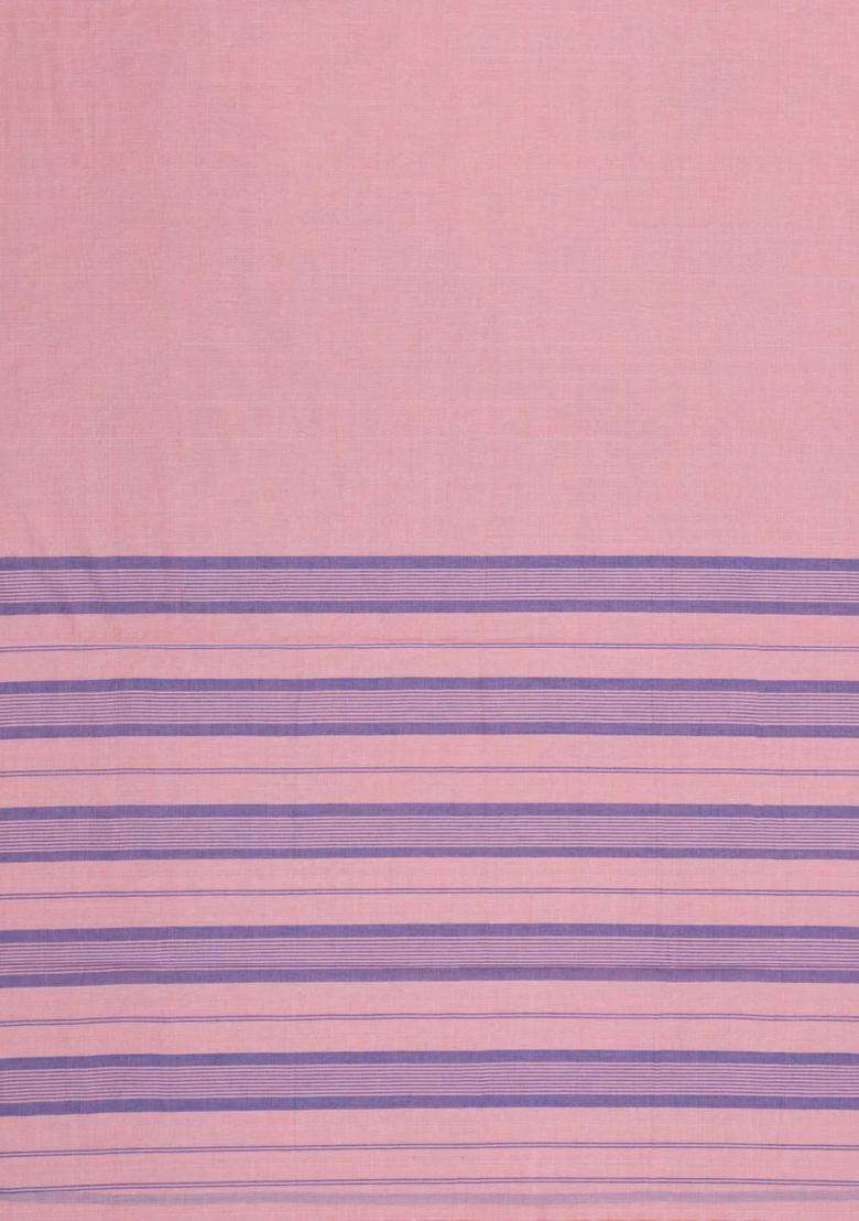 Baby Pink Woven Bengal Cotton Saree With Contrast Border With Traditional Woven Design For Women - Indya