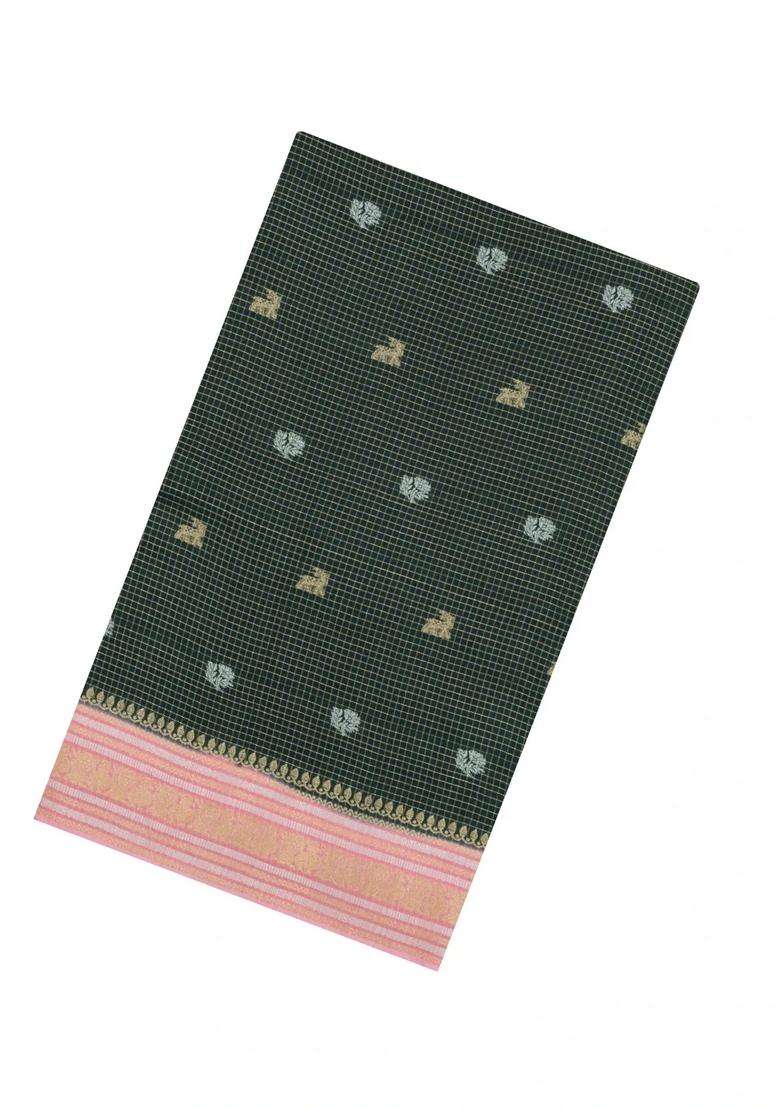 Bottle Green Woven Blended Viscose Art Silk Saree With Zari Checks Buttas With Buttas And Brocade Design For Women - Indya