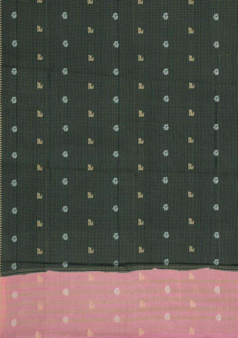 Bottle Green Woven Blended Viscose Art Silk Saree With Zari Checks Buttas With Buttas And Brocade Design For Women - Indya