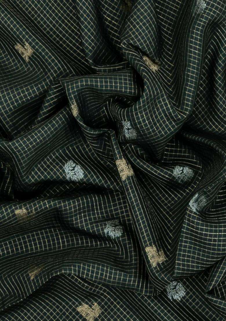 Bottle Green Woven Blended Viscose Art Silk Saree With Zari Checks Buttas With Buttas And Brocade Design For Women - Indya
