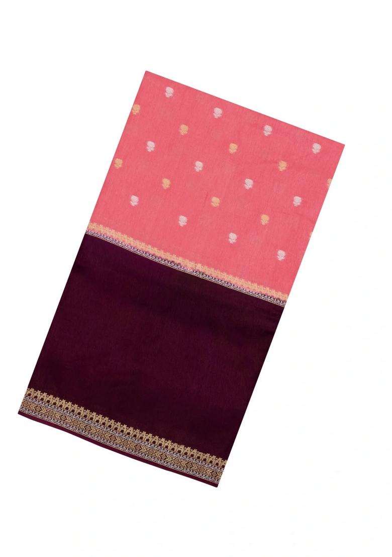 Peach Woven Blended Viscose Art Silk Saree With Buttas Contrast Border With Buttas And Brocade Design For Women - Indya