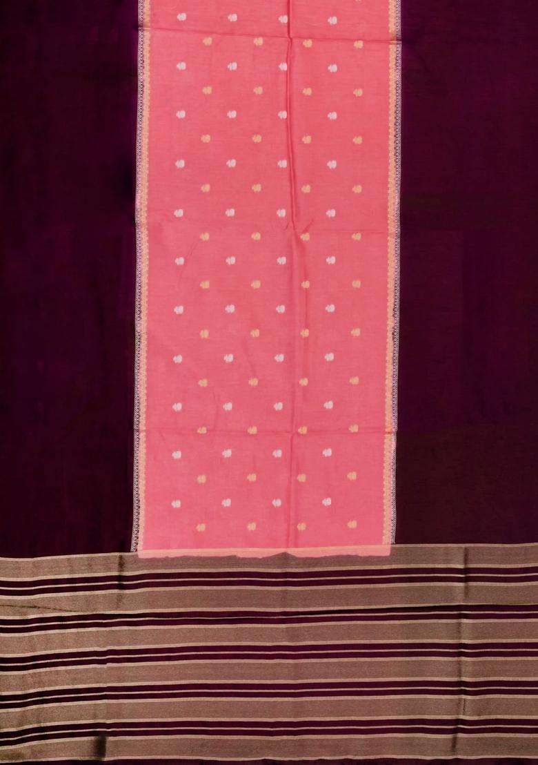 Peach Woven Blended Viscose Art Silk Saree With Buttas Contrast Border With Buttas And Brocade Design For Women - Indya
