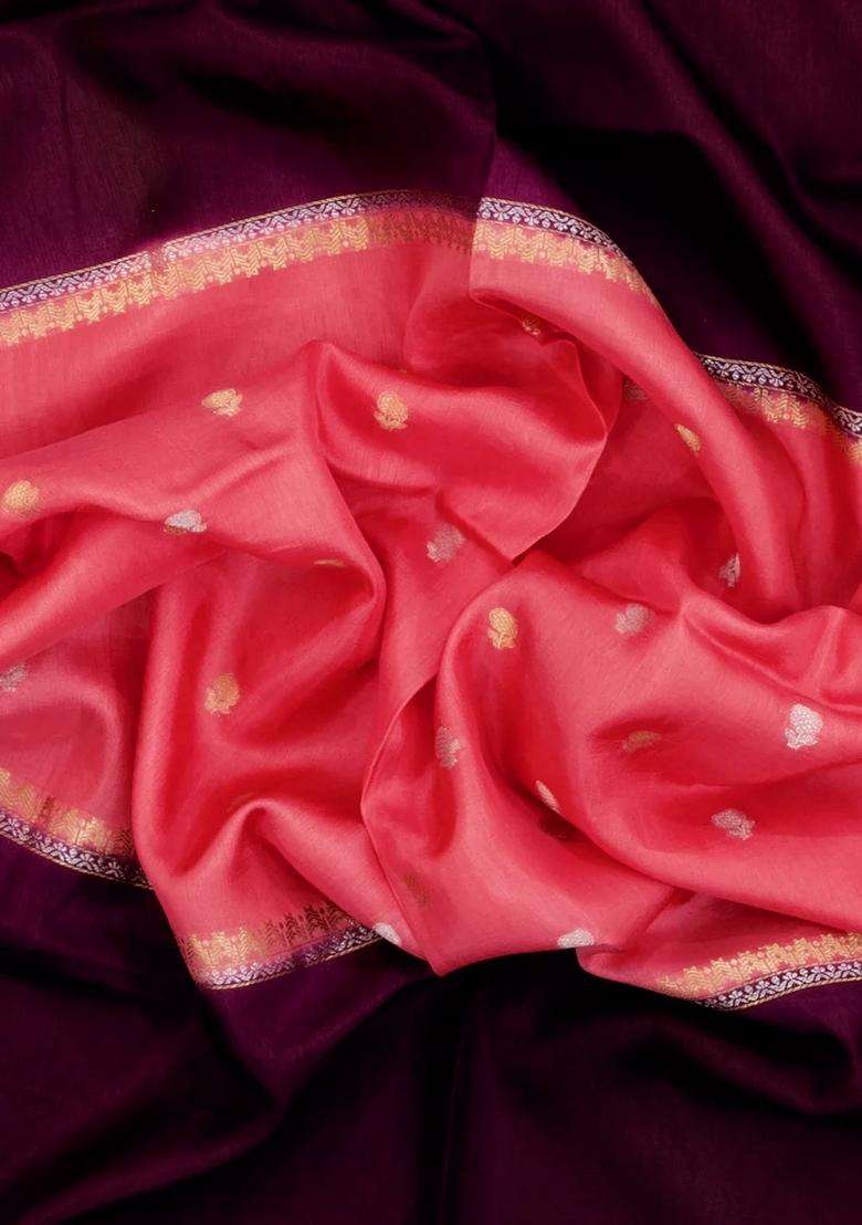 Peach Woven Blended Viscose Art Silk Saree With Buttas Contrast Border With Buttas And Brocade Design For Women - Indya
