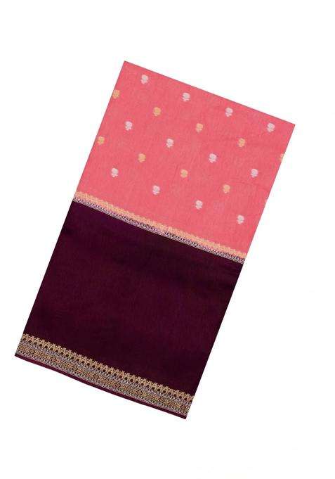 Peach Woven Blended Viscose Art Silk Saree With Buttas Contrast Border With Buttas And Brocade Design For Women