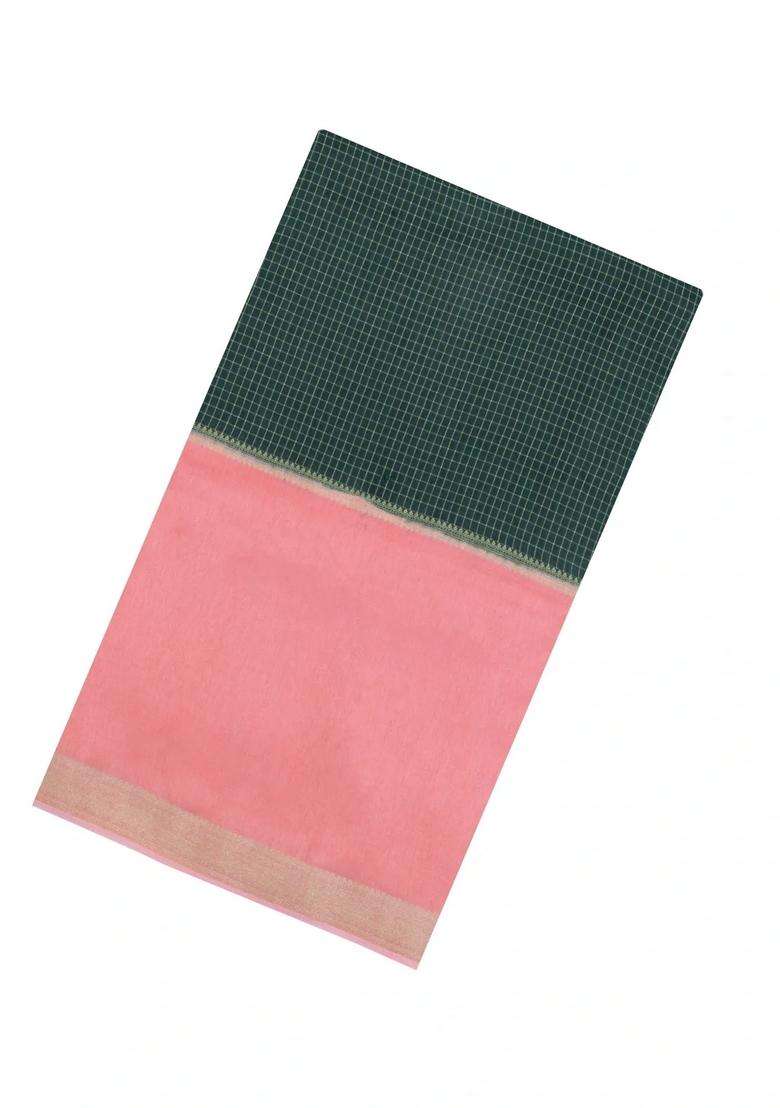Dark Green Woven Blended Viscose Art Silk Saree With Contrast Border With Checks And Stripes Design For Women - Indya