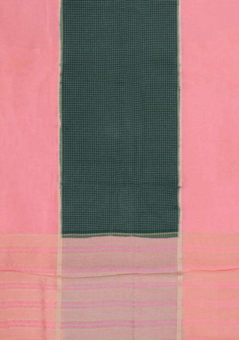 Dark Green Woven Blended Viscose Art Silk Saree With Contrast Border With Checks And Stripes Design For Women - Indya