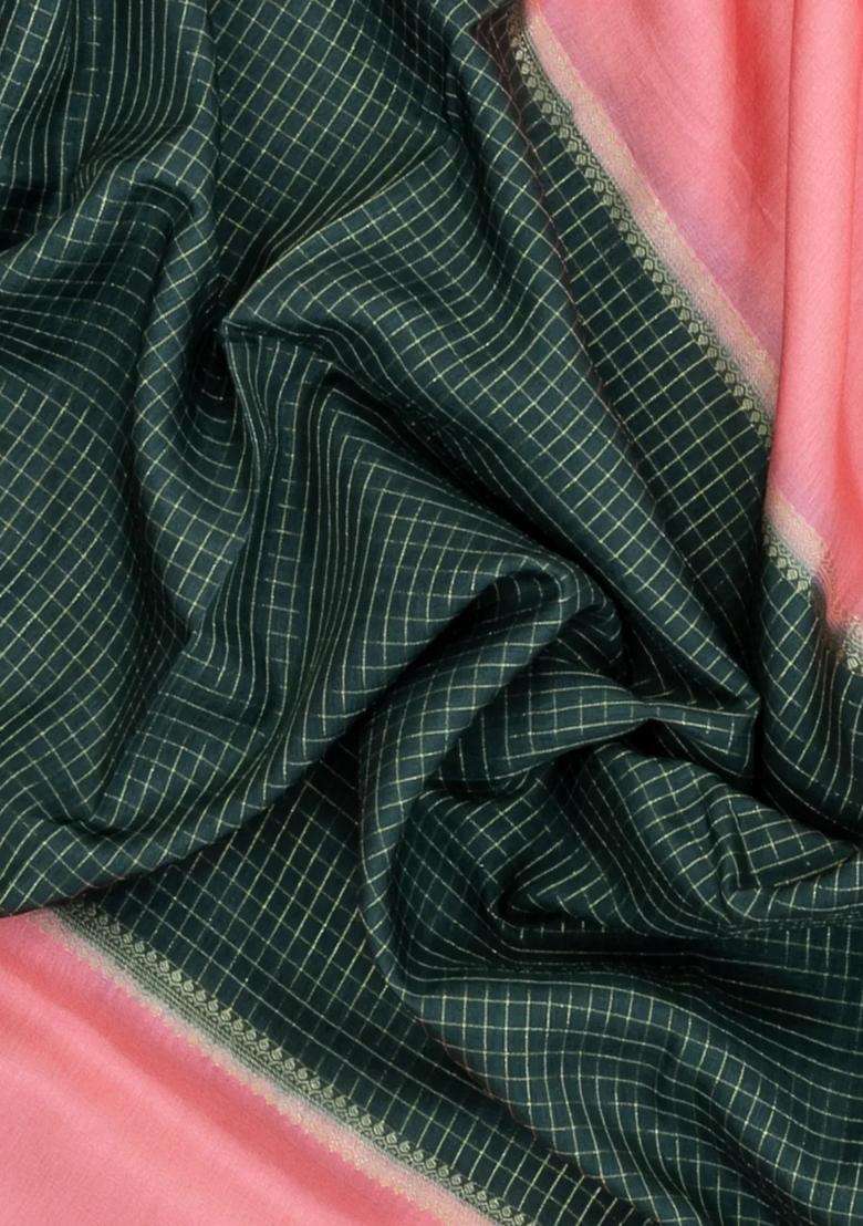 Dark Green Woven Blended Viscose Art Silk Saree With Contrast Border With Checks And Stripes Design For Women - Indya
