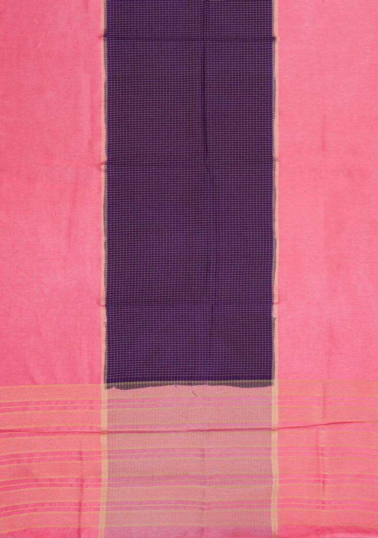 Purple Woven Blended Viscose Art Silk Saree With Contrast Border With Checks And Stripes Design For Women - Indya